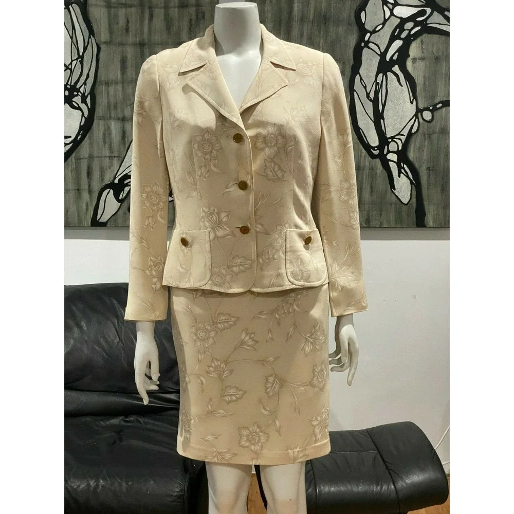 ESCADA MARGARETHA LEY VINTAGE SILK FLORAL BEIGE JACKET SKIRT SUIT 38 8 🌸